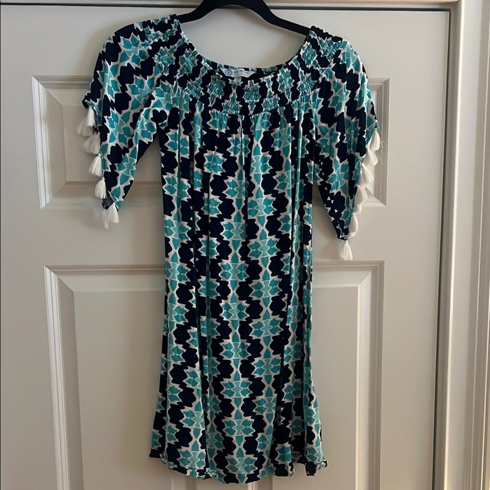 Geometric Print Dress in Blue and White